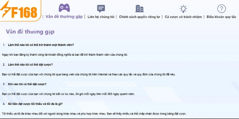 Thông tin tổng quan về mục câu hỏi thường gặp F168